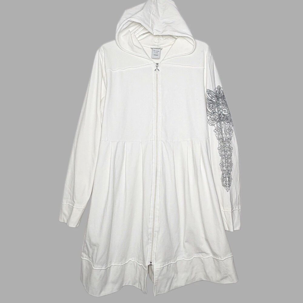 Women's XL Tunic Hoodie Full Zip White Pleats Black Graphic Sleeve Athleisure